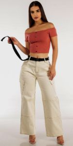 Belted Wide Leg Ivory Cargo Pants with Rust Off Shoulder Ribbed Crop Top sold by Moda