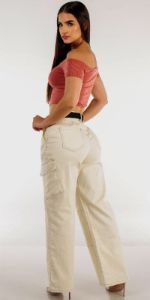 Belted Wide Leg Ivory Cargo Pants with Rust Off Shoulder Ribbed Crop Top sold by Moda
