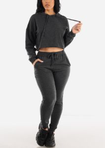 Long Sleeve Fleece Cropped Hoodie Charcoal sold by Moda