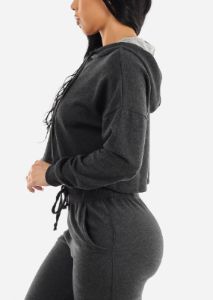 Long Sleeve Fleece Cropped Hoodie Charcoal sold by Moda