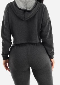 Long Sleeve Fleece Cropped Hoodie Charcoal sold by Moda