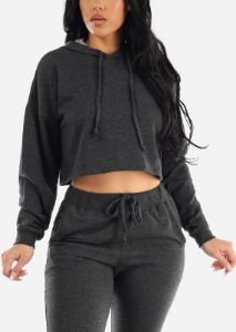 Long Sleeve Fleece Cropped Hoodie Charcoal sold by Moda