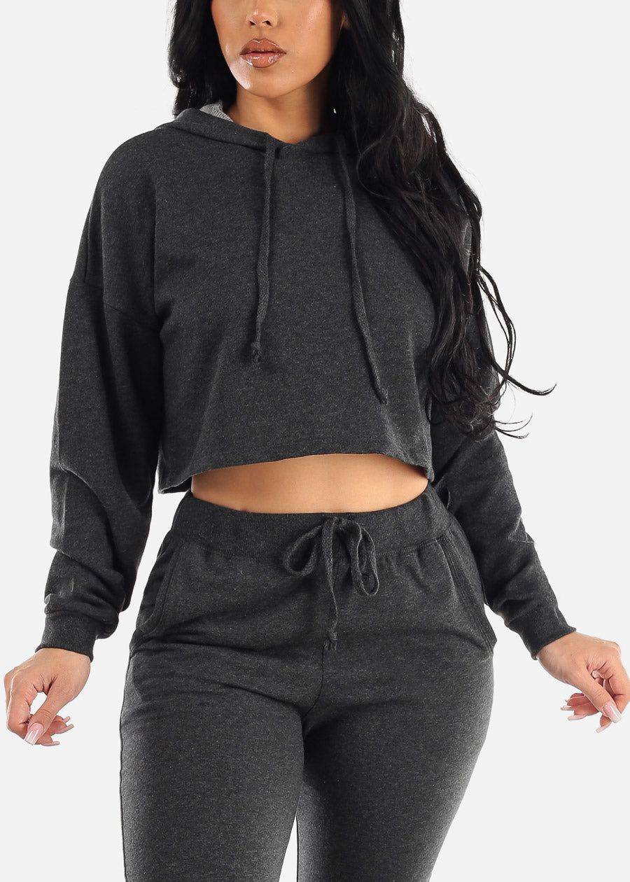 Long Sleeve Fleece Cropped Hoodie Charcoal sold by Moda