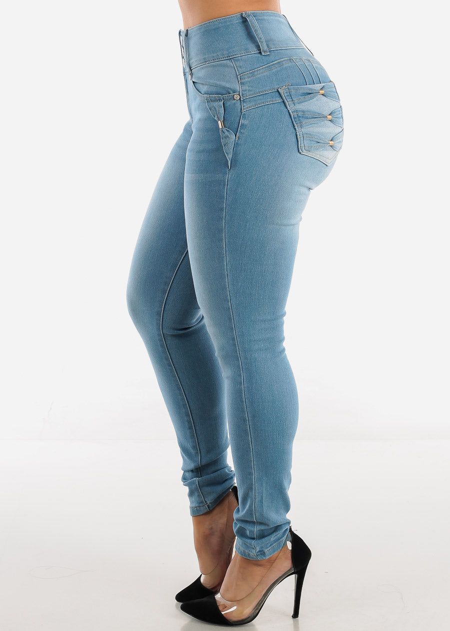 Levantacola High Waisted Skinny Jeans Light Blue w Bow Design sold by Moda product image thumbnail 5