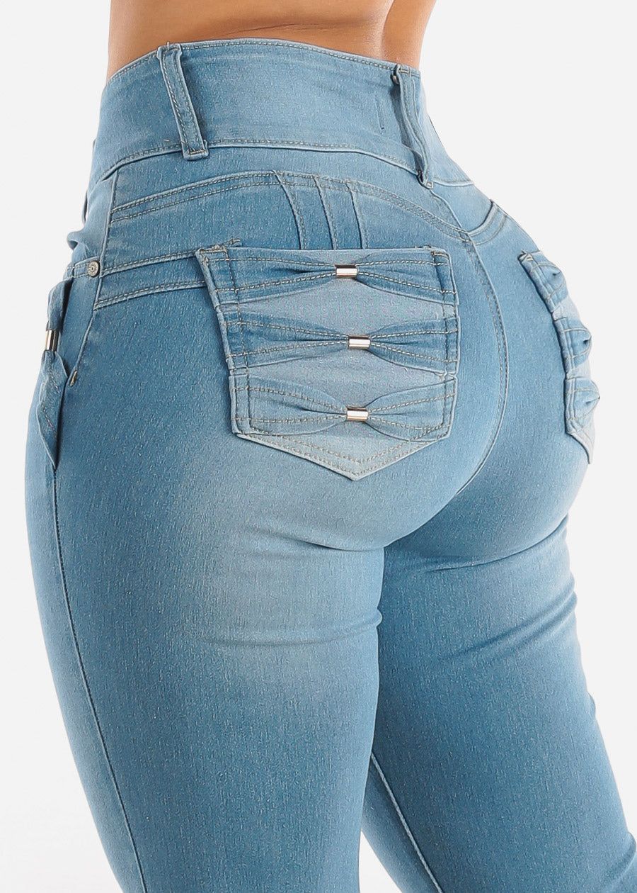 Levantacola High Waisted Skinny Jeans Light Blue w Bow Design sold by Moda