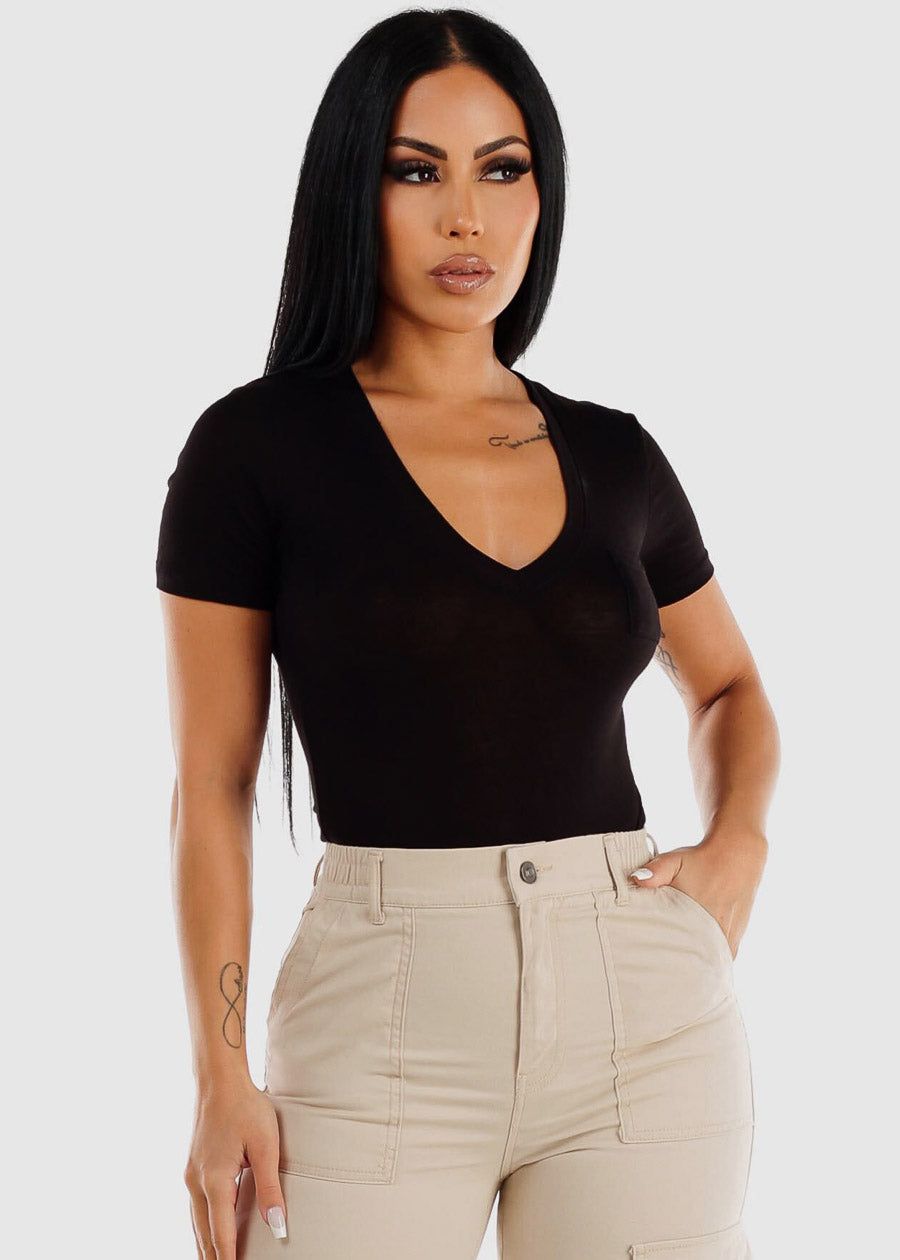 Short Sleeve Vneck Black Thong Bodysuit sold by Moda