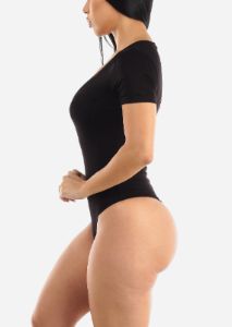Short Sleeve Vneck Black Thong Bodysuit sold by Moda