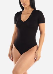 Short Sleeve Vneck Black Thong Bodysuit sold by Moda