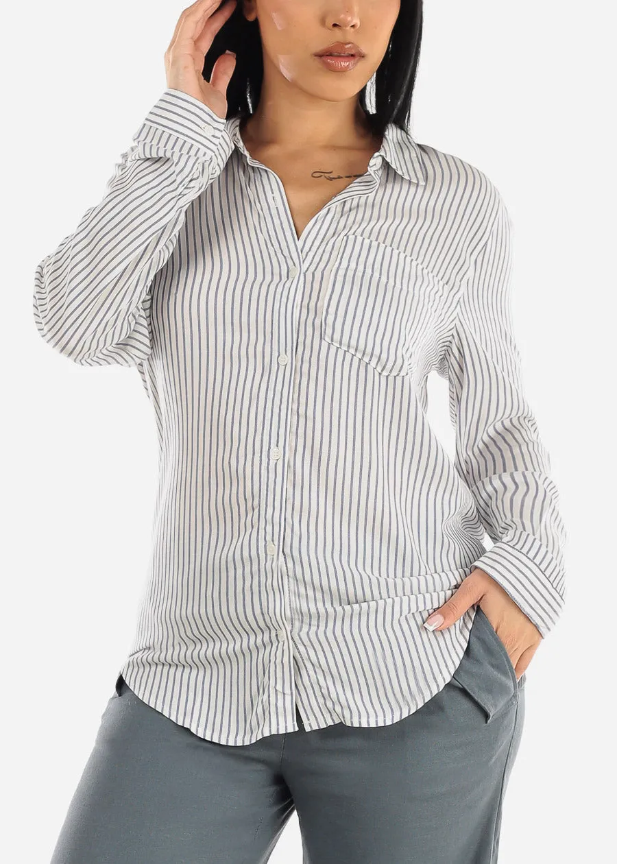 Long Sleeve Button Up Woven Stripe Shirt Blue & White sold by Moda