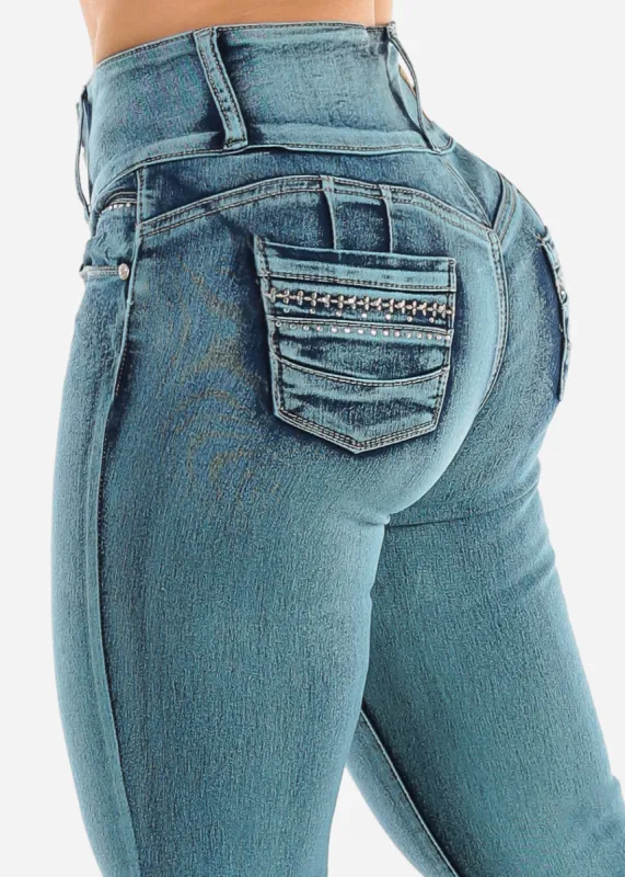 Butt Lift High Waist Skinny Jeans Teal Acid Wash sold by Moda