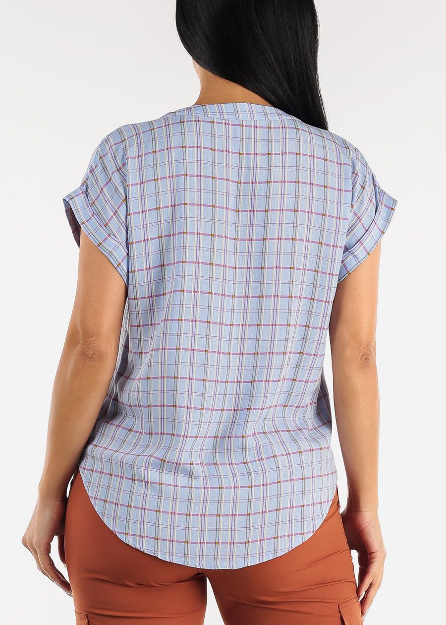 Cap Short Sleeve Button Down Plaid Top Blue sold by Moda product image thumbnail 4