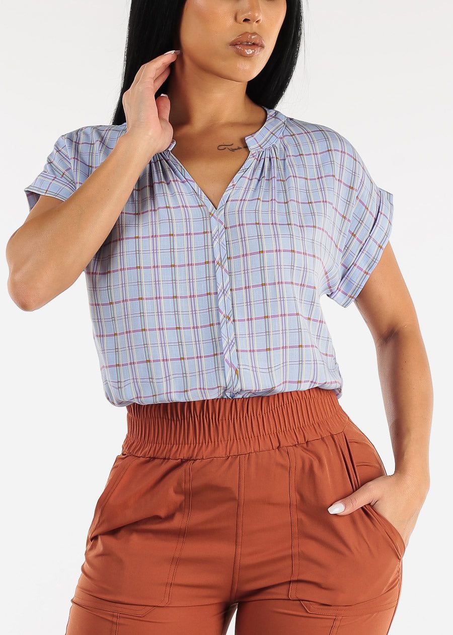 Cap Short Sleeve Button Down Plaid Top Blue sold by Moda