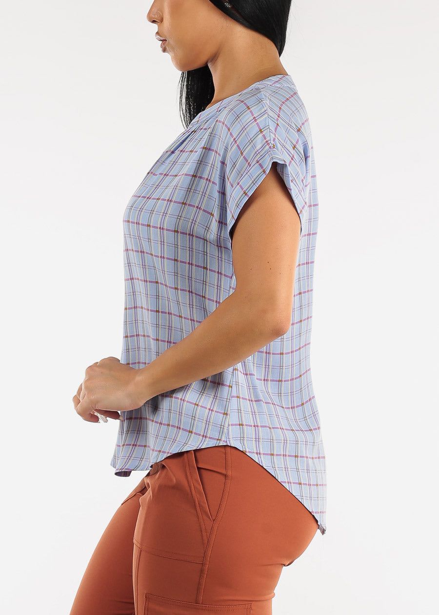 Cap Short Sleeve Button Down Plaid Top Blue sold by Moda product image thumbnail 3