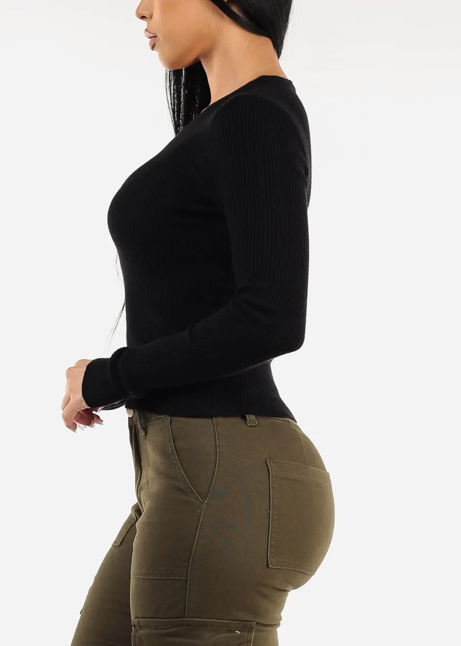 Long Sleeve Black Crewneck Ribbed Sweater sold by Moda product image thumbnail 3