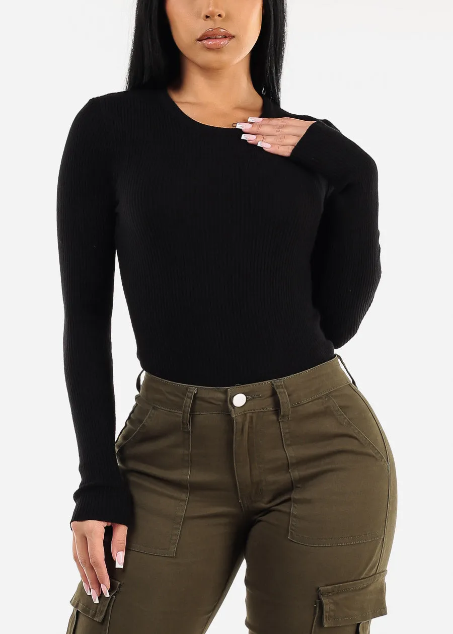 Long Sleeve Black Crewneck Ribbed Sweater sold by Moda