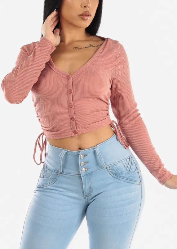 Long Sleeve Ruched Sides Button Up Crop Top Rose sold by Moda