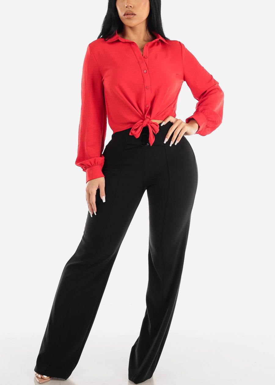 Long Sleeve Tie Front Button Up Collared Blouse Red sold by Moda product image thumbnail 2