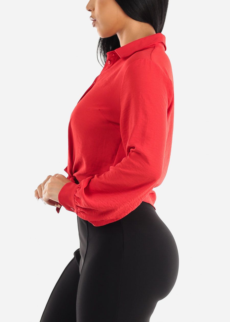 Long Sleeve Tie Front Button Up Collared Blouse Red sold by Moda product image thumbnail 3