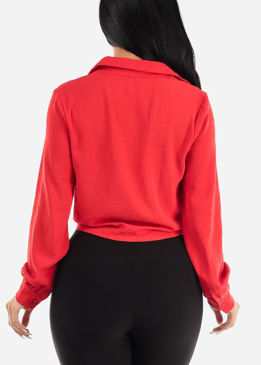 Long Sleeve Tie Front Button Up Collared Blouse Red sold by Moda product image thumbnail 4