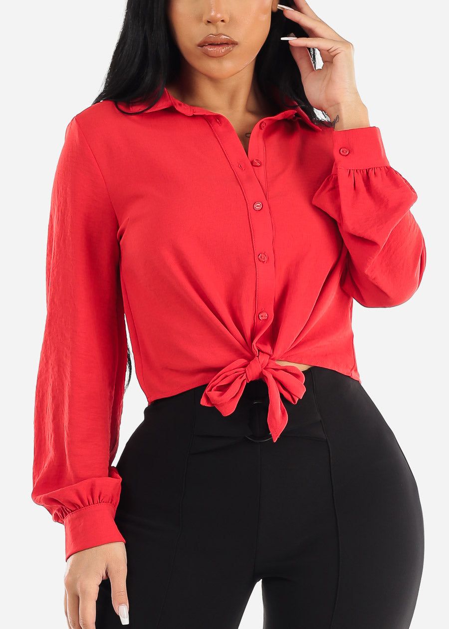 Long Sleeve Tie Front Button Up Collared Blouse Red sold by Moda