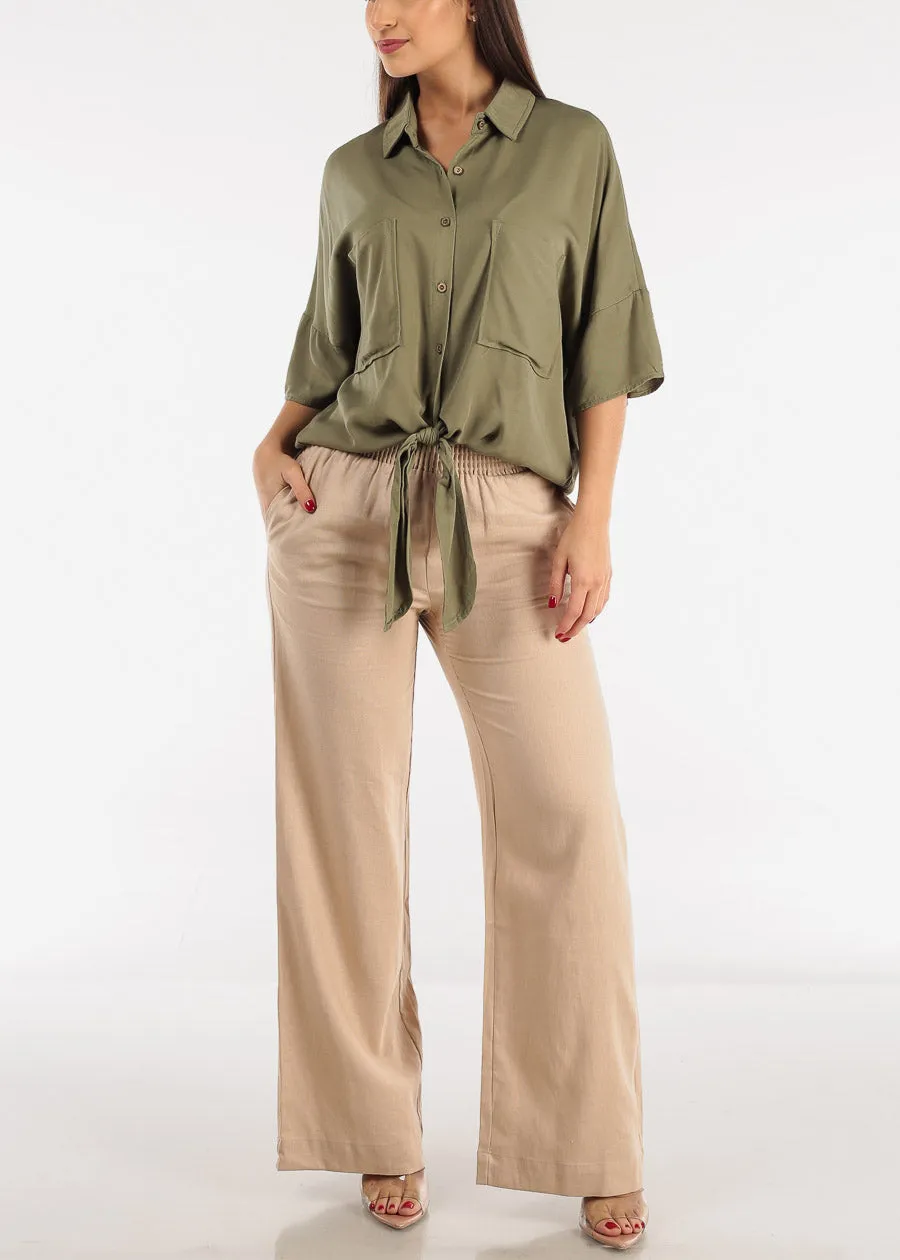 Khaki High Rise Spandex Waist Wide Leg Linen Pants sold by Moda product image thumbnail 2
