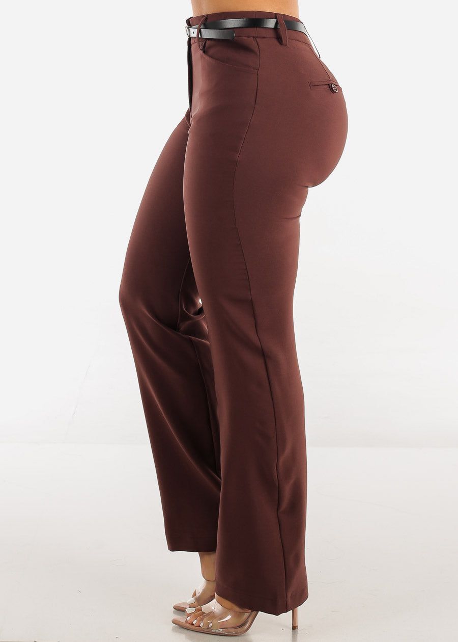 High Waist Brown Bootcut Dress Pants w Belt sold by Moda