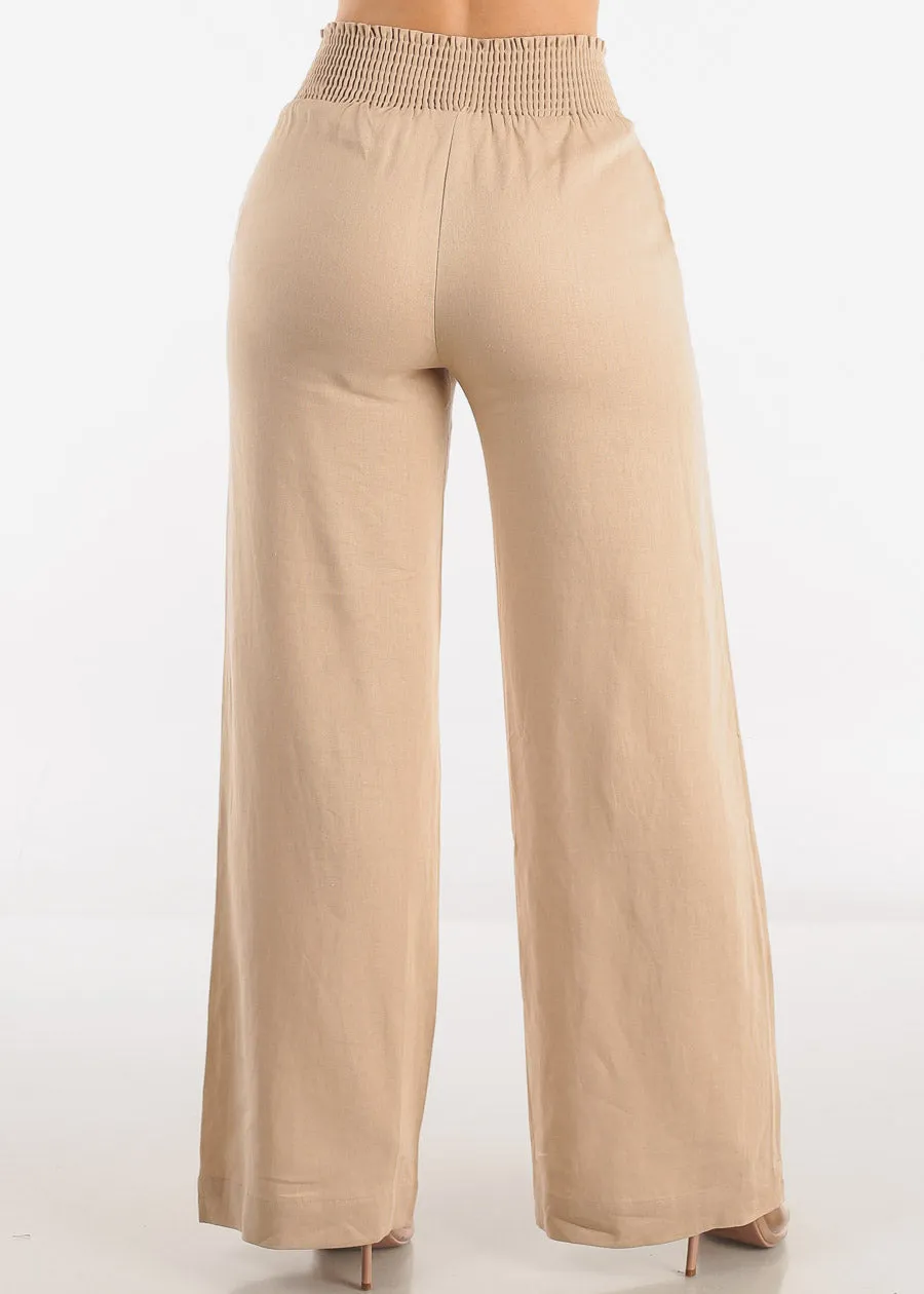 Khaki High Rise Spandex Waist Wide Leg Linen Pants sold by Moda product image thumbnail 4