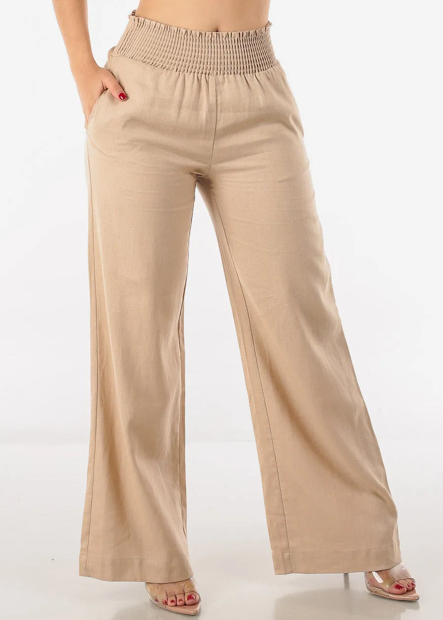 Khaki High Rise Spandex Waist Wide Leg Linen Pants sold by Moda
