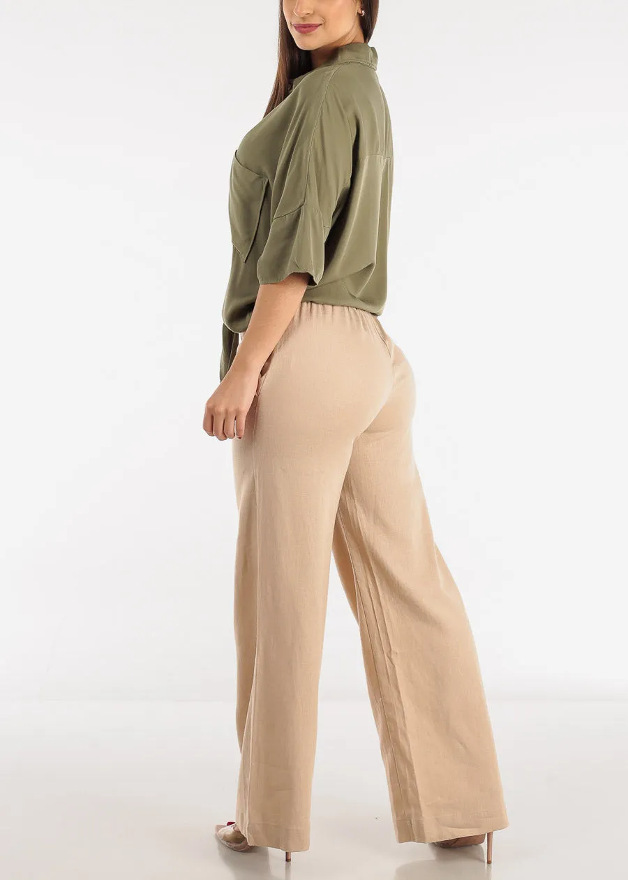 Khaki High Rise Spandex Waist Wide Leg Linen Pants sold by Moda product image thumbnail 5