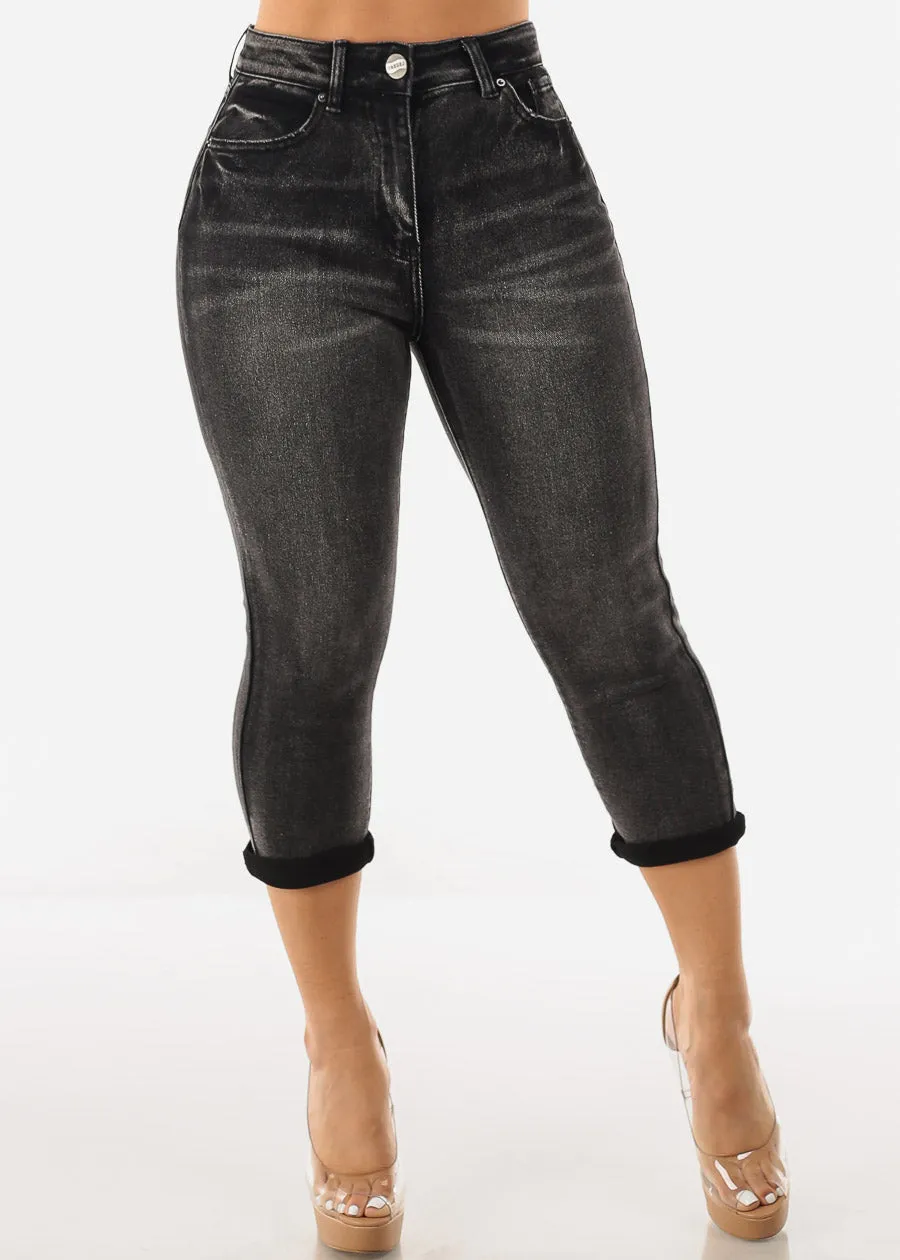 High Waisted Black Stretch Denim Capris sold by Moda