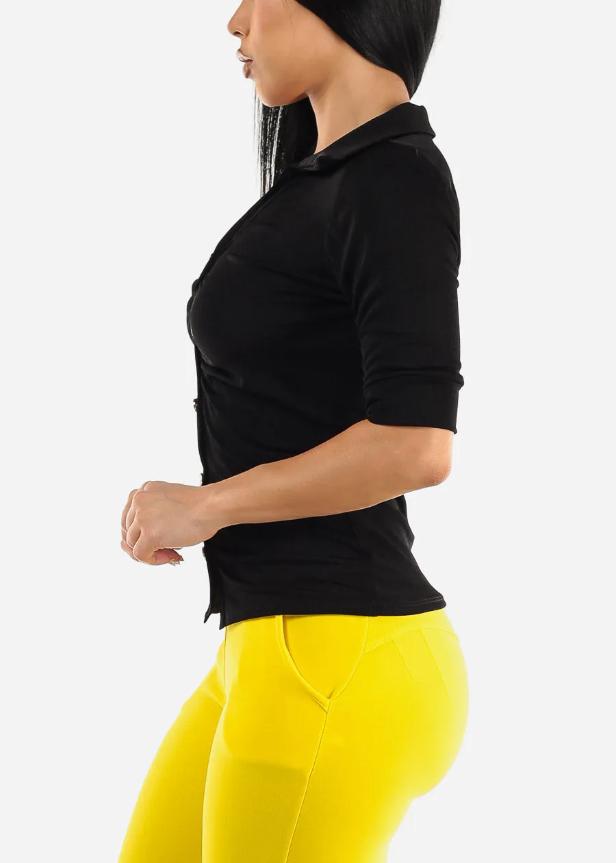 Black Quarter Sleeve Ruched Collared Blouse sold by Moda product image thumbnail 3