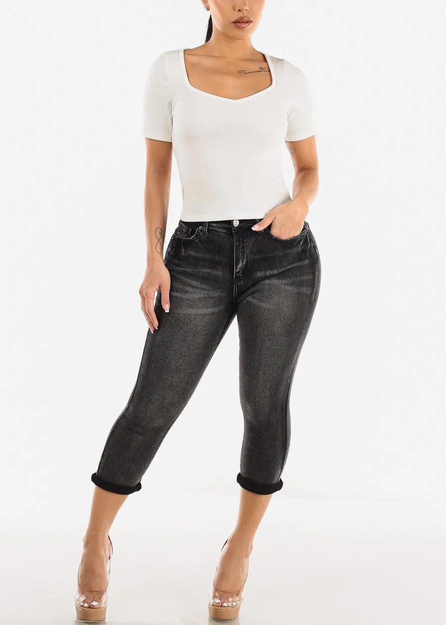 High Waisted Black Stretch Denim Capris sold by Moda product image thumbnail 2