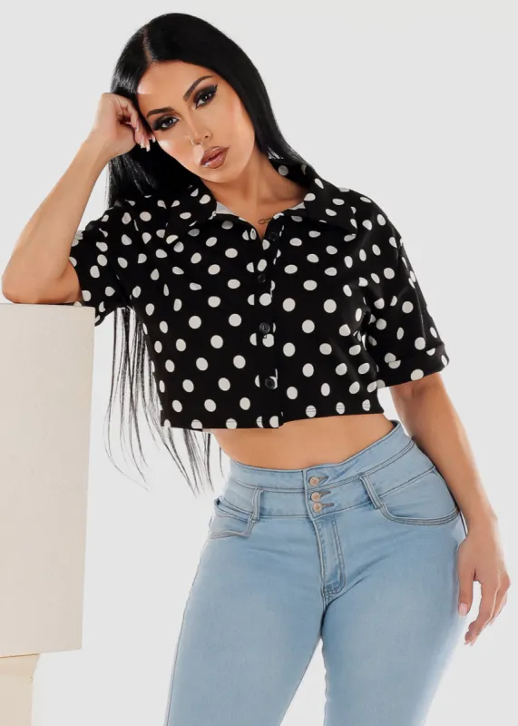 Short Sleeve Button Up Polka Dot Crop Top Black sold by Moda