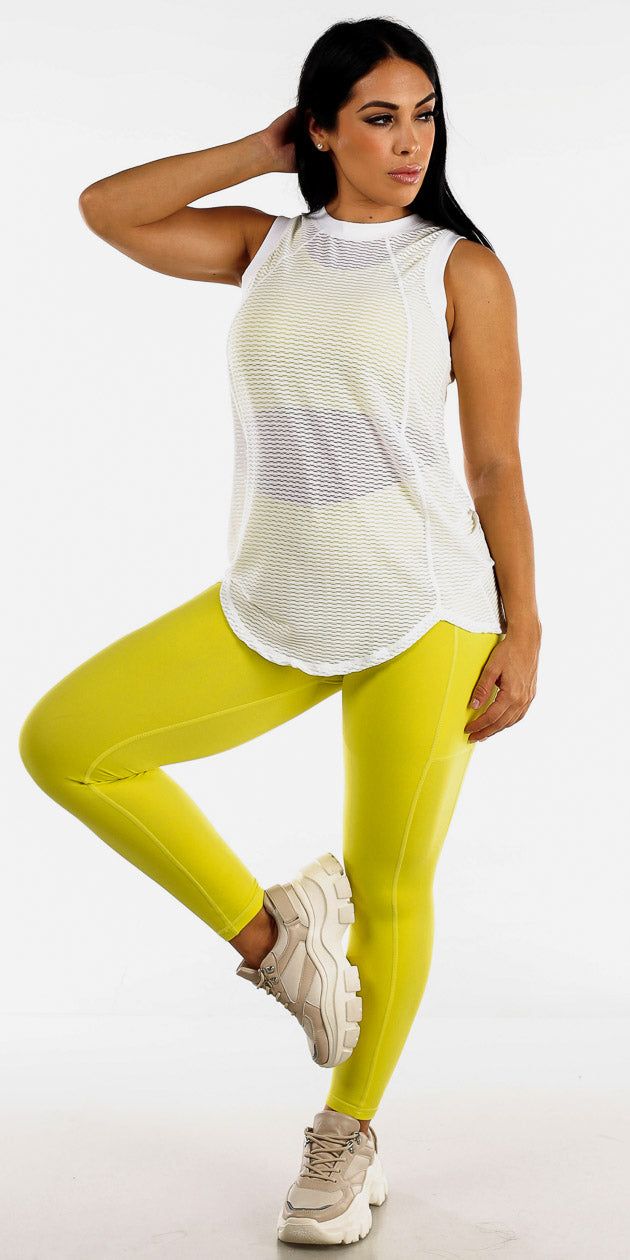 Neon High Rise Active Leggings Neon Back Cut Out Sports Bra and White Raglan Muscle Tee sold by Moda