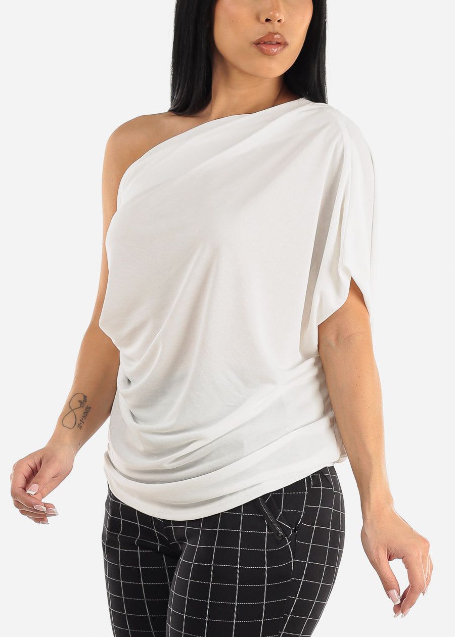 White One Shoulder Pleat Detail Blouse sold by Moda
