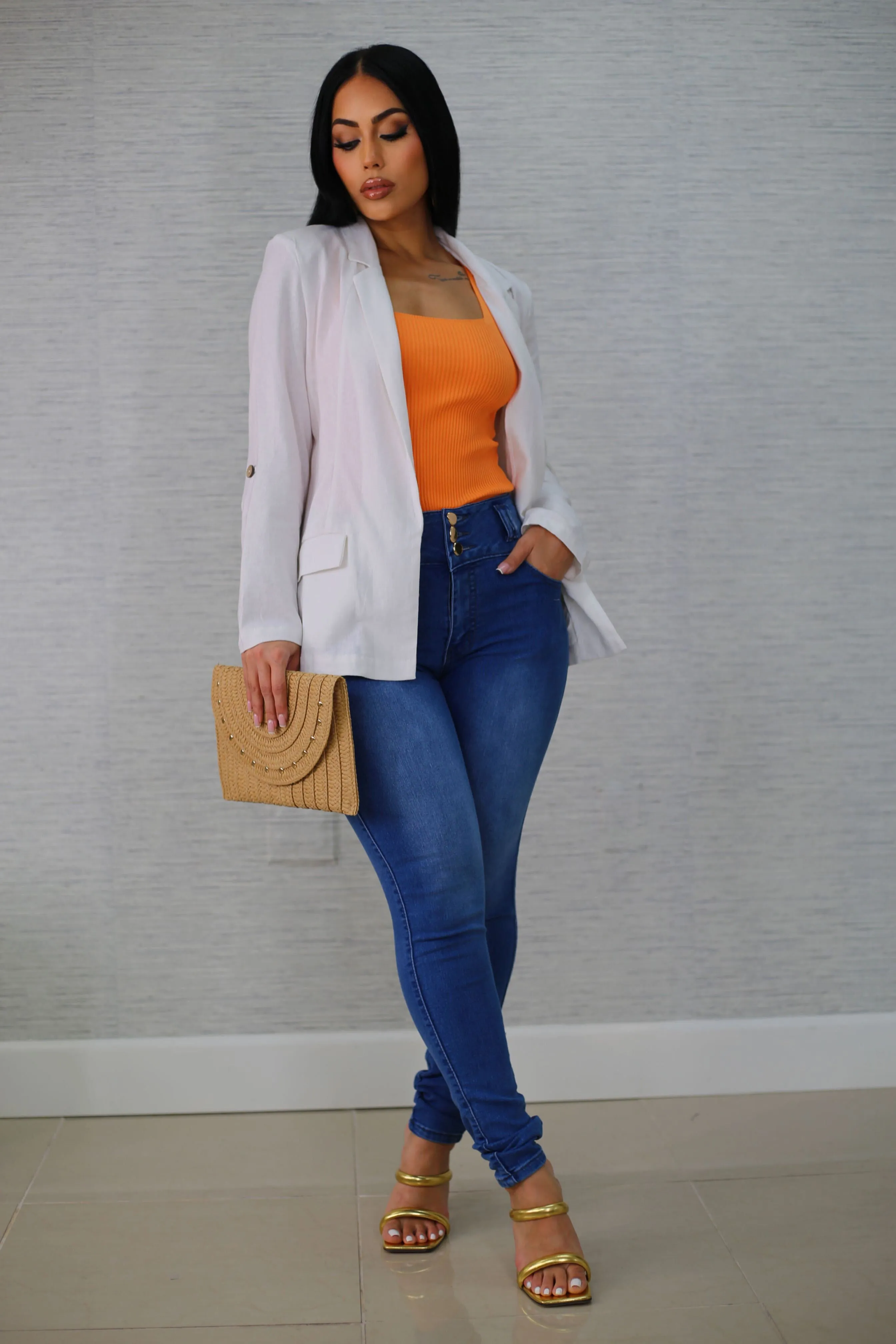 White Linen Long Sleeve Open Front Blazer sold by Moda product image thumbnail 2