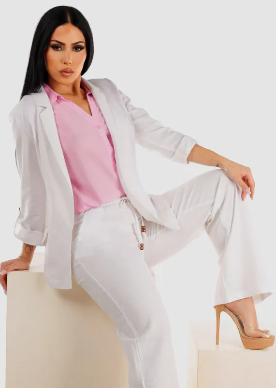 White Linen Long Sleeve Open Front Blazer sold by Moda