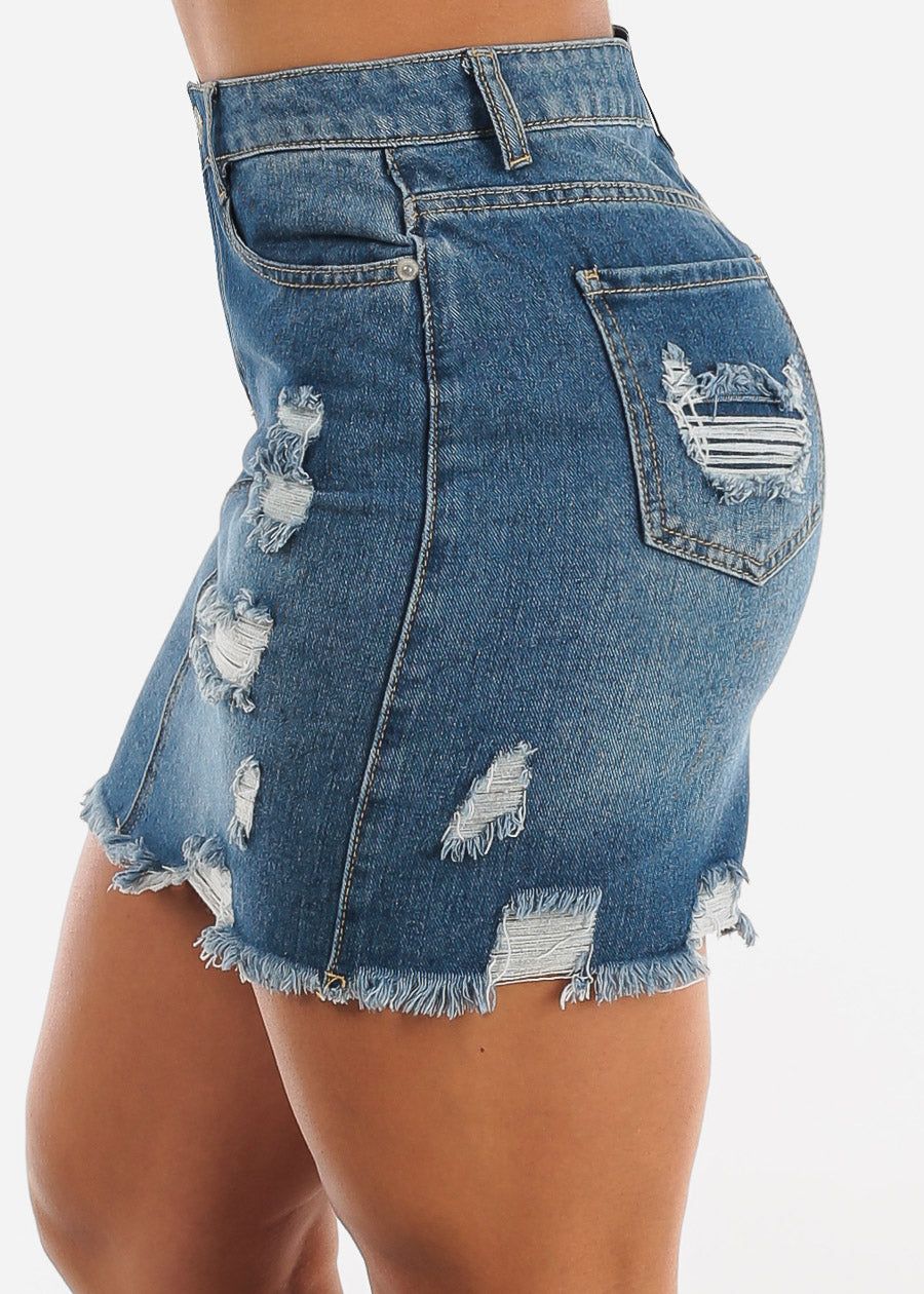 High Waisted Distressed Cotton Denim Mini Skirt Med Blue sold by Moda product image thumbnail 3