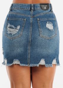 High Waisted Distressed Cotton Denim Mini Skirt Med Blue sold by Moda