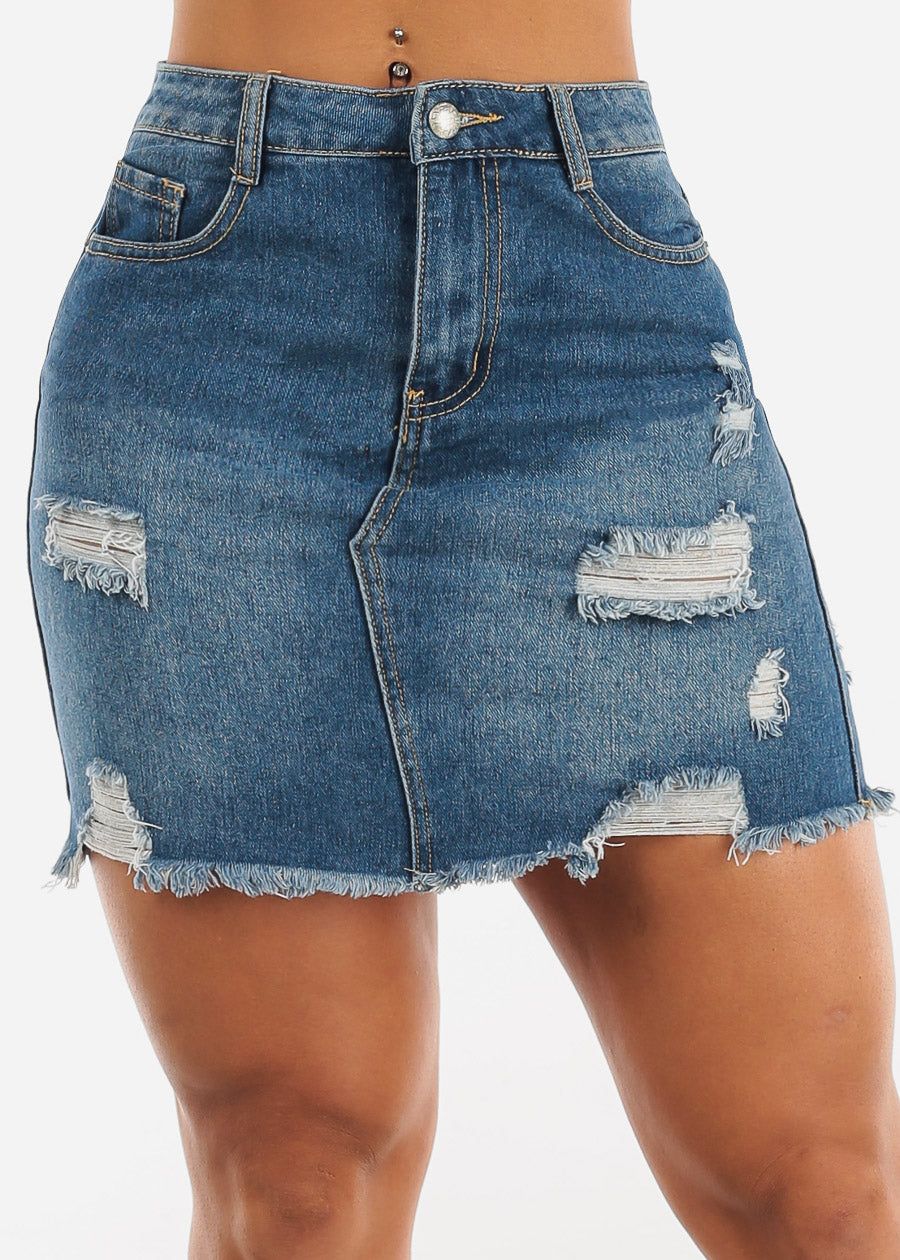 High Waisted Distressed Cotton Denim Mini Skirt Med Blue sold by Moda