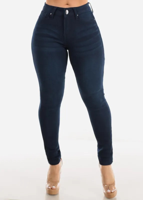 Mid Rise Dark Stretchy One Button Skinny Jeans sold by Moda