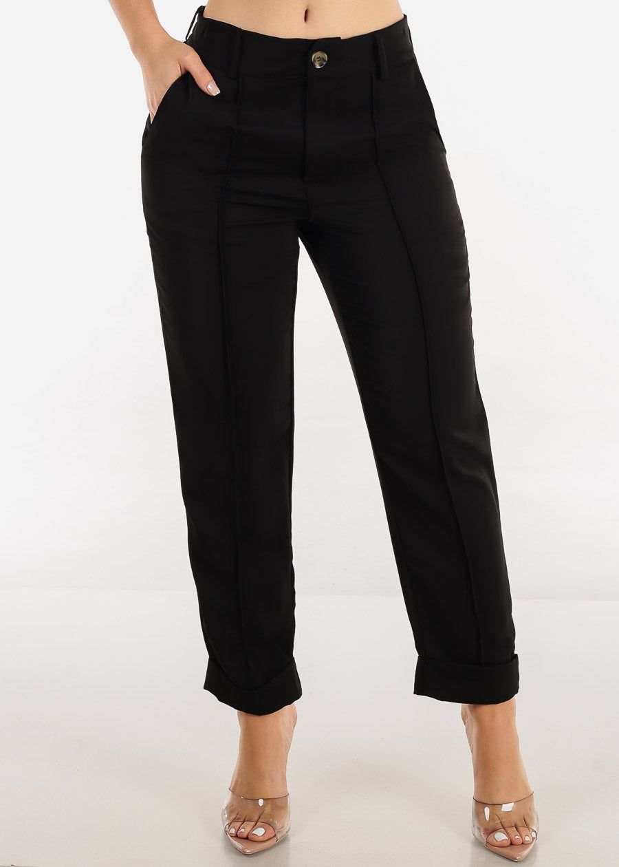 Black High Waist Pintuck Straight Ankle Pants sold by Moda