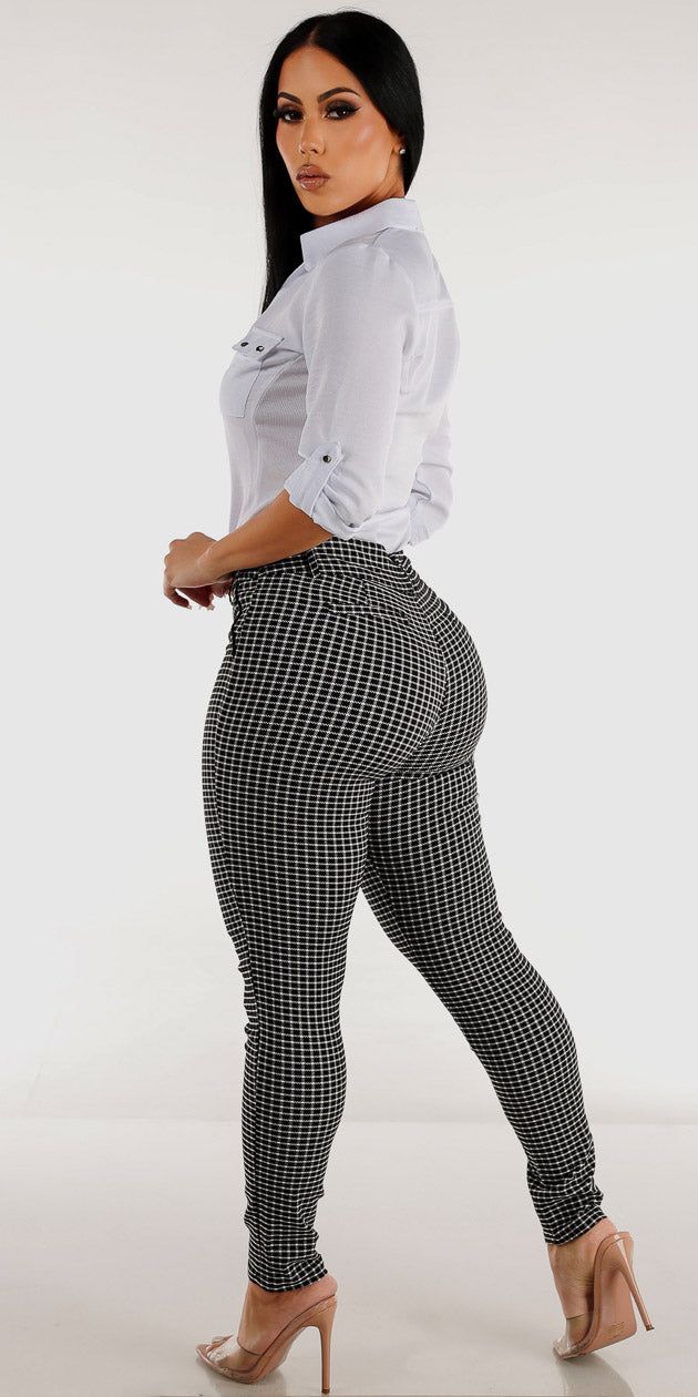 Black High Waisted Checkered Skinny Pants with White Quarter Sleeve Button Up Shirt sold by Moda product image thumbnail 2