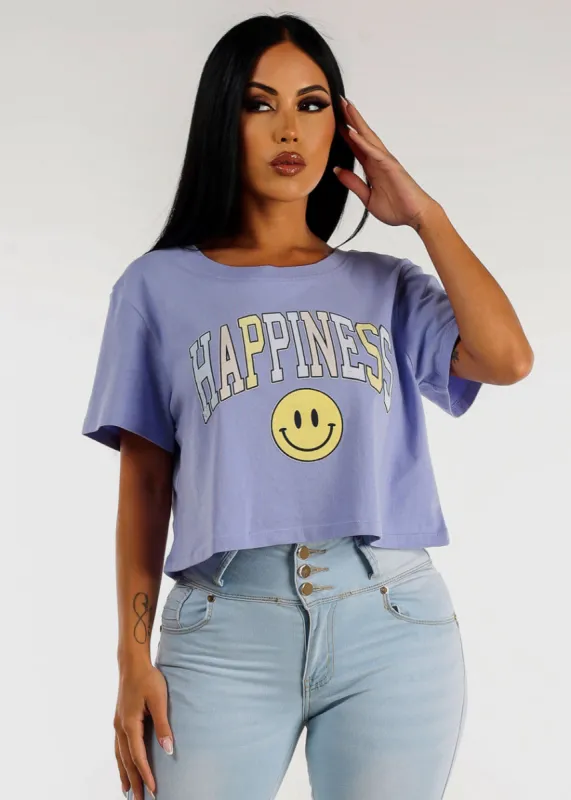 Short Sleeve Happiness Graphic Cropped Tee Lavender sold by Moda