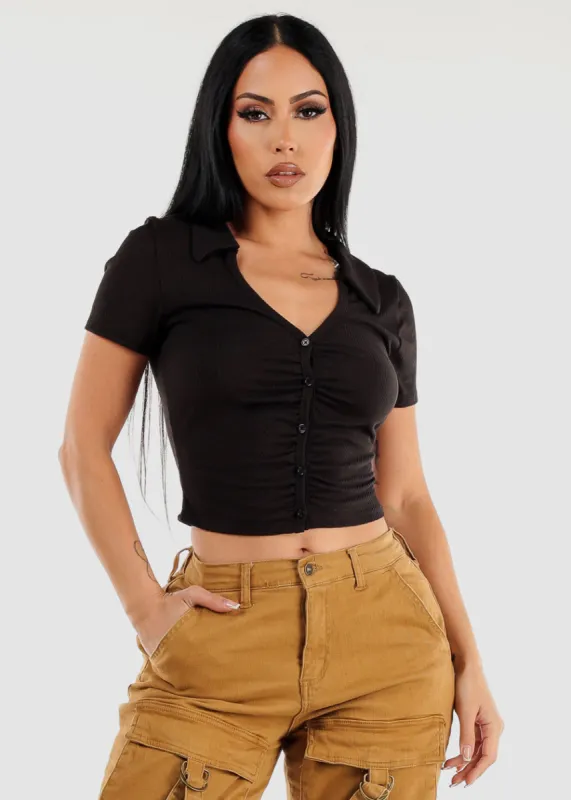 Short Sleeve Button Up Black Ruched Top sold by Moda