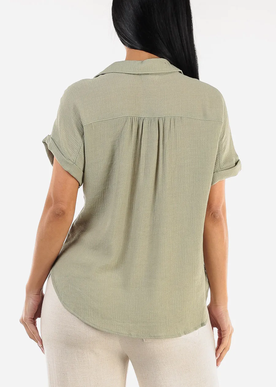 Cap Sleeve Light Olive Blouse w Front Half Placket sold by Moda product image thumbnail 4