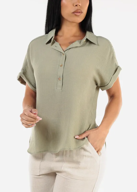 Cap Sleeve Light Olive Blouse w Front Half Placket sold by Moda