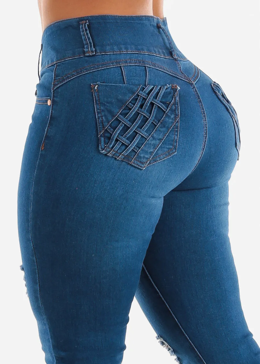 Ripped Levanta Cola Skinny Jeans Med Blue w Braided Pockets sold by Moda product image thumbnail 2
