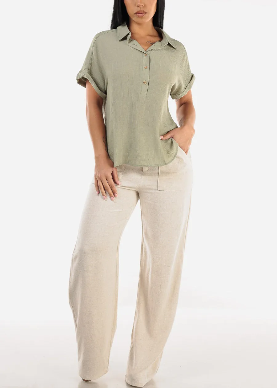 Cap Sleeve Light Olive Blouse w Front Half Placket sold by Moda product image thumbnail 2