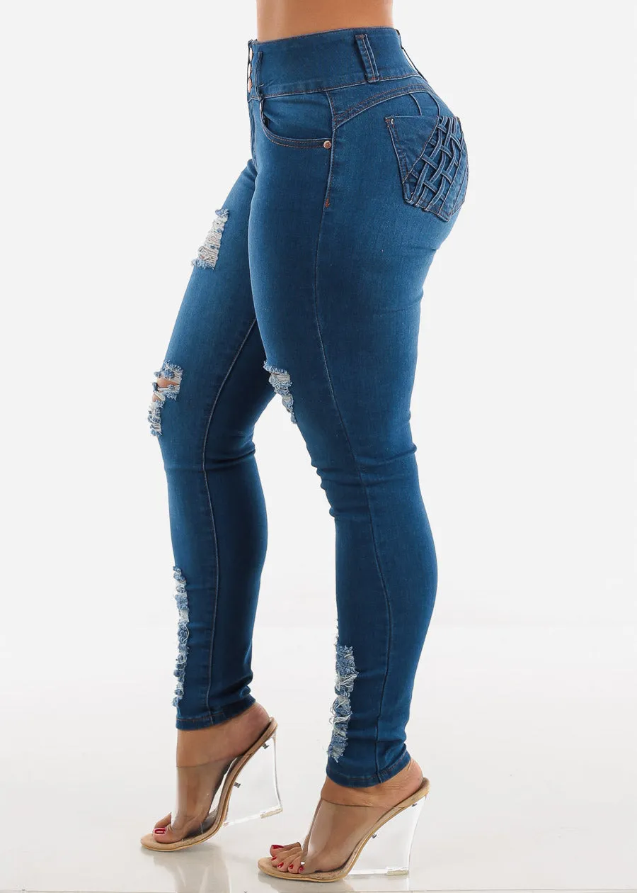 Ripped Levanta Cola Skinny Jeans Med Blue w Braided Pockets sold by Moda
